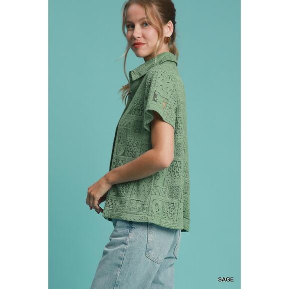 Umgee Lace Patches Detail Short Sleeves Button Down Relaxed Fit Shirt | Sage - Picture 3 of 7